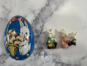 Vintage Murray Allen Blue Metal Tin Easter Egg Bunny w/Miniature Bunny Family - Picture 1 of 8