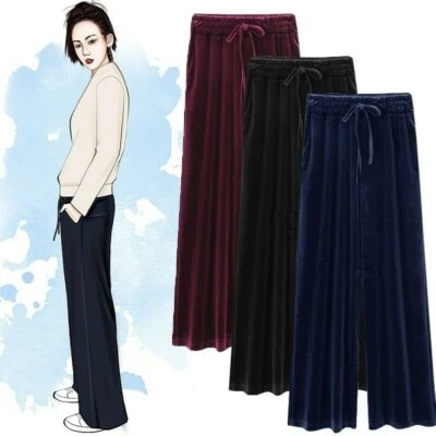 Women Velvet Pleuche Pants Wide Leg Long Trousers Stretch Tie Waist Loose Casual - Image 1 of 4