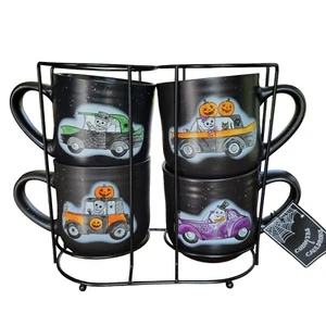 Cobwebs And Cauldrons Halloween Set of 4 Mugs Pumpkins Skeletons In Cars Holder - Picture 1 of 21