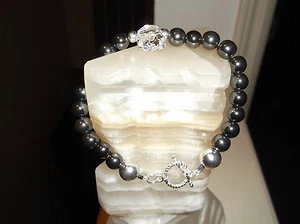 MEN'S HANDMADE 8 3/4 " 8 MM BLK HEMATITE CRYSTAL SKULL HEAD STERLING SILVER BEAD - Picture 1 of 9