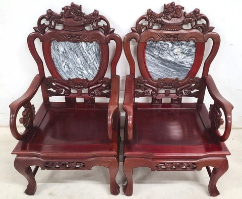 Mid Century Chinese Asian Rosewood & Marble Armchairs - A Pair Cover