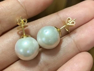 18K 750 Fine Real Gold Women’s South Sea White Pearl Earring 13mm 7.93g - Picture 1 of 12