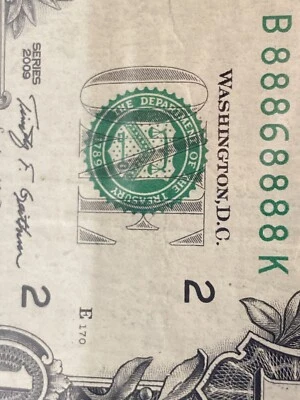 2009 $1  Bill Near Solid 7 Of a Kind (the 8’s), Super Binary Number #88868888！！ - Image 1 of 3