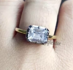 Anello di Fidanzamento East West Taglio Smeraldo Moissanite Nero Rodio Lunetta Set Semplice - Foto 1 di 14