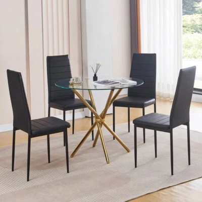 4x Black PU Leather Dining Chairs&Round Tempered Glass Golden Legs Dining Table - Image 1 of 4