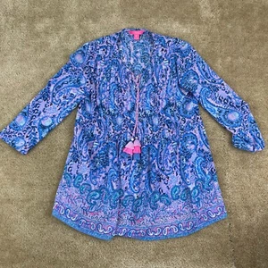 Lilly Pulitzer Marilana Tunic Top Blue Pink XS Tassels 3/4 Sleeve Blouse - Picture 1 of 12