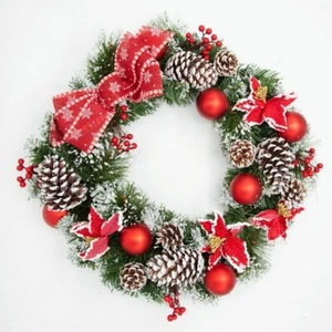 Guirnalda de Navidad verde nevado con piñas y decoraciones rojas 50cm Wisdom - Imagen 1 de 1