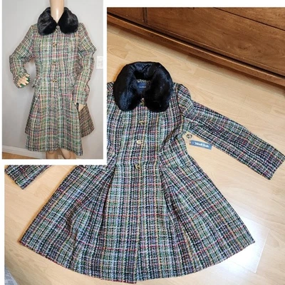 NWT Modcloth Size L Multi Colored Tweed Flare Coat Removable Faux Fur Collar  - Image 1 of 4