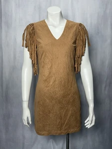 TCEC Brown Size Small Faux Suede Western Cowgirl Costume Fringe V Neck Dress - Picture 1 of 8