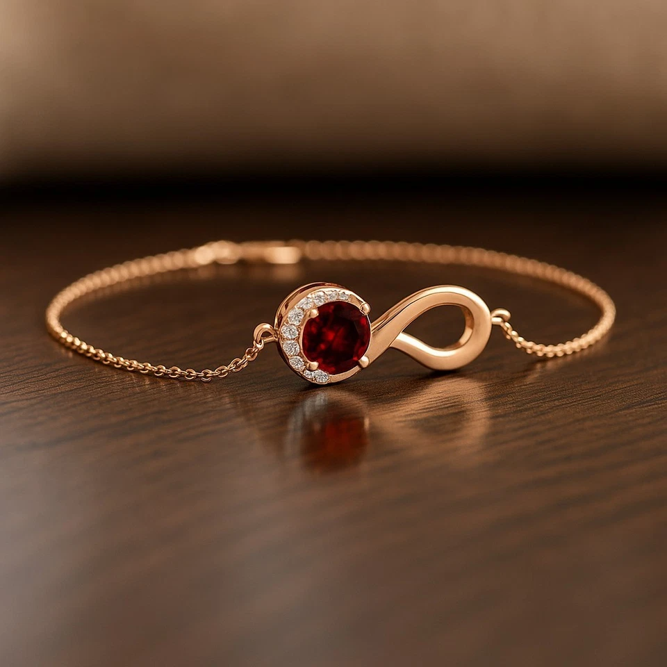 14K Gold Ruby & Diamond Infinity Chain Bracelet – July Birthstone # 1019 - Image 1 of 1