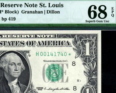 1963* 1900-Hm* $1 St. Louis MULE STAR Federal Reserve Note FRN • PMG 68 EPQ - Image 1 of 3