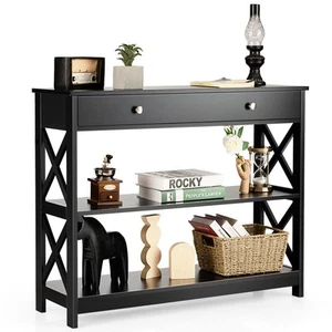 3-Tier Console Table X-Design Sofa Entryway Table w/ Drawer & Shelves Black - Picture 1 of 9