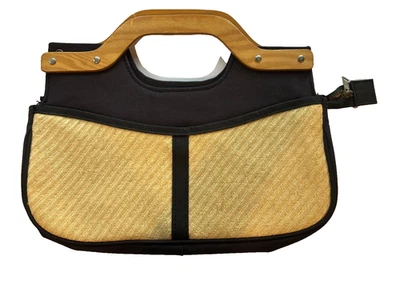 Vintage 70s  Black & Woven Straw Color w/Wooden Handle.  Compt. Zipper & Snap - Image 1 of 4