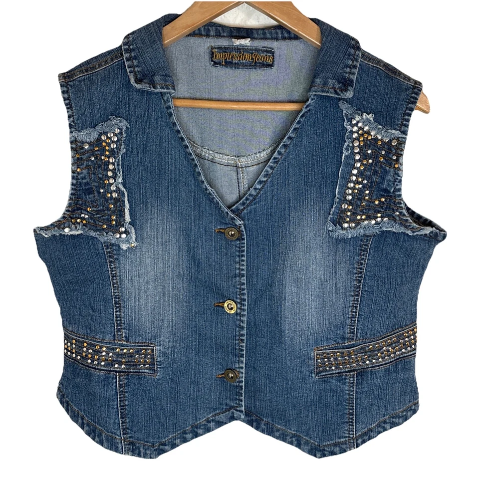 Винтажный состаренный вестерн с заклепками ослепительный джинсовой ткани‎ воротник жилет XXL панк 90-х гранж - Изображение 1 из 4