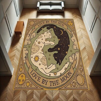 Celestial Cat Rug, Sun Moon Carpet, Yin Yang Cat Mat, Boho Witch Decor, Mystical - Image 1 of 4