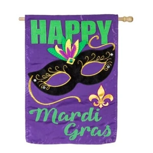 **OPEN FLAG** Happy Mardi Gras 158908BL Evergreen APPLIQUE HOUSE Flag 28” x 44” - Picture 1 of 1
