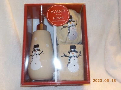 AVANTI HOME CHRISTMAS BATHROOM 3 PIECE GIFT HOLIDAY SET DECOR TAN W/ SNOWMEN - Image 1 of 4