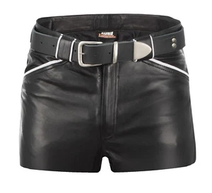 Lederhose kurz schwarz Ledershorts weiße Details Hose Leder leather shorts Cuir - Bild 1 von 3