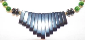 Tribal Ethnic Necklace Glass Beads Gunmetal Gray Green Goldtone Metal Nice - Bild 1 von 5