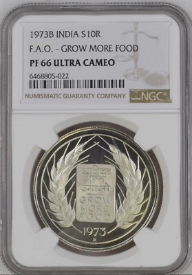 INDIA 20 Rupees 1973-B, NGC PF 67 Superb Cameo Gem Proof Silver, Grow More Food - Image 1 of 2