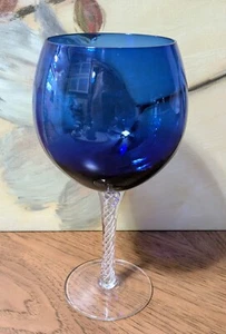 VTG Hand-Blown COBALT BLUE Twisted Clear Stem Wine/Water Glass, 8.2" Tall, 16oz - Picture 1 of 7