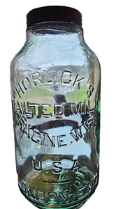 Botella de vidrio transparente en relieve Horlick's leche malteada con tapa original 10 3/4"-Racine, Wisc - Imagen 1 de 8