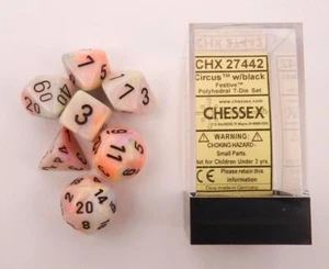 Chessex Polyedral 7 Stanzen festlicher Zirkus mit schwarzen Zahlen Würfel CHX 27442 - Bild 1 von 1
