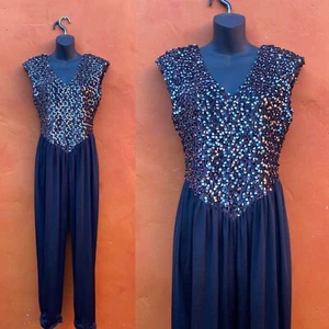 Vintage 1970s Vintage Disco Sequin Jumpsuit Club Party Cocktail Med Large - Picture 1 of 6