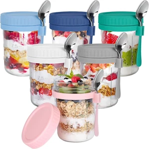 6 Pack Overnight Oats Containers with Lids and Spoons, 16 OZ Glass Mason Overnig - Picture 1 of 7