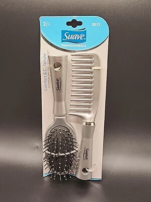 Suave Professionals Comfort & Detangle Cushion Brush & Comb Set Silver NOS - Image 1 of 3