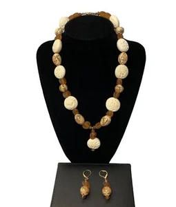 Vintage Porzellan Perlenkette Set mit Butterscotch Seeglas & Lucite Perlen - Bild 1 von 6