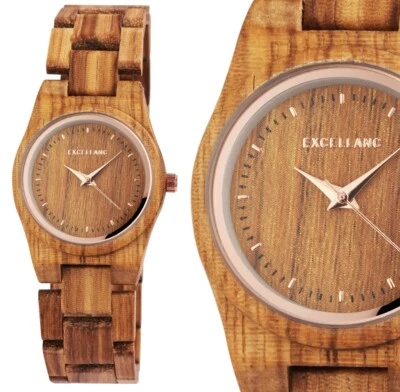Damenuhr Holz Quarz Armbanduhr Holzuhr Zebraholz Rotgold Braun 180/193 Excellanc - Bild 1 von 4