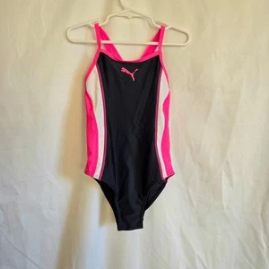 Puma Girls Neon Pink Navy Blue Colorblock Crossback One Piece Swimsuit 6 New - Picture 1 of 5
