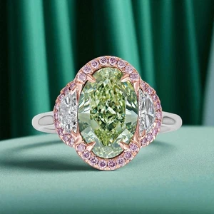 Women 14k Multi Gold Ring IGI Oval 3.6 Ct Lab Grown Diamond Fancy Intense Green - Picture 1 of 13