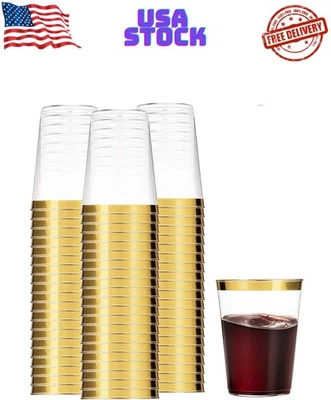 100 Gold Plastic Cups 16 Oz Clear Plastic Cups Tumblers Gold Rimmed Cups Fancy - Image 1 of 4