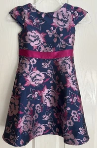 EUC - Origami Girls Navy Pink Floral Satin Dress Size 5 - Wedding - Party - Picture 1 of 4