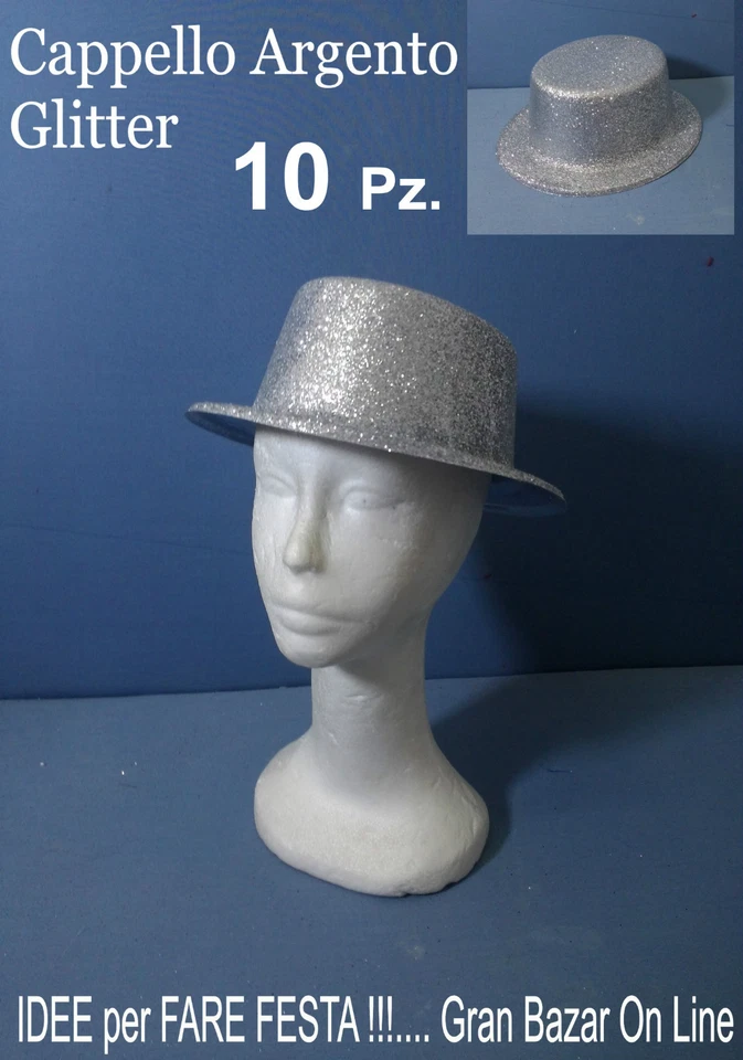 CARNEVALE CAPPELLO ARGENTO GLITTER 10 Pz. FESTA PARTY Accessori Costumi - Immagine 1 di 1
