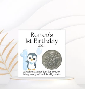 Moneta da sei pence portafortuna primo compleanno bambino, regalo 1° compleanno personalizzato - Foto 1 di 3
