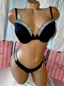 Victoria's Secret Push-up-Badeanzug Glanzträger 34D Small brasilianisch schwarz Glitzer - Bild 1 von 6