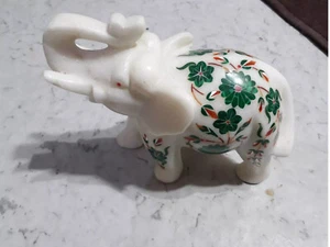 10" White Marble Luxury Elephant Floral Inlay Marquetry Malachite Stone Home Dec - Picture 1 of 5