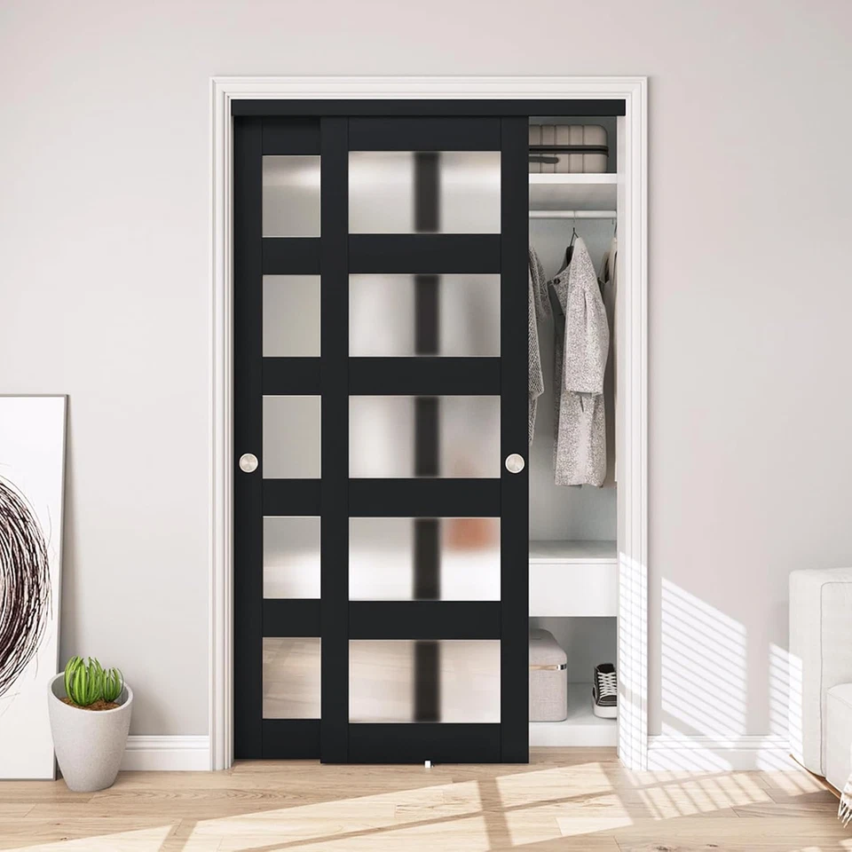 48" X 80" Sliding Closet Door, 5-Lite Frosted Glass Bypass Door with Hardware Ki - Image 1 of 4