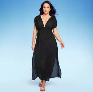 Kona Sol Women's Side-Slit Elastic Waist Maxi Cover Up Dress Black Small NEW - Picture 1 of 4
