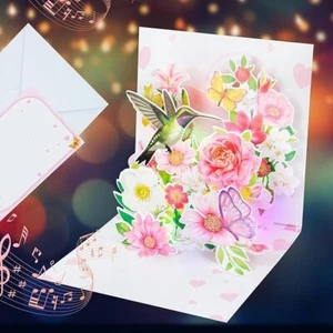 3D Popup Muttertagskarte, musikalische leuchtende Grußkarte. Kolibri Blumen - Bild 1 von 5