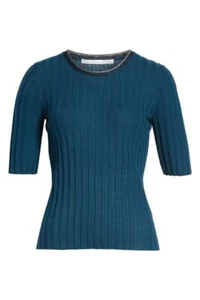 Veronica Beard Delilah Pullover gerippt Metallic Besatz Wolle blau türkis grün Gr. M  - Bild 1 von 7