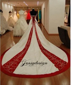Klassisches Brautkleid Hochzeitskleid Weinrot Weiß schöner Schleppe Stickereien - Bild 1 von 6
