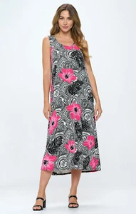 JOSTAR Slinky LONG TANK DRESS Poly Spandex W325  Black Pink S M L XL - Picture 1 of 8