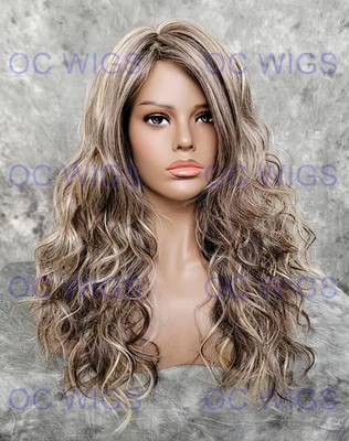 Long Wavy Curls Heat Safe Human Hair Blend Wig Medium Brown/Light Blonde Mix - Image 1 of 4