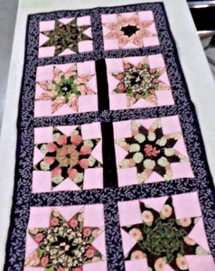 Handmade QUILTED Table Runner Wall Hanging Lap Quilt 45" x 24" Pink Black Floral - Picture 1 of 9