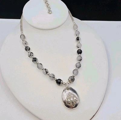 Brighton Bristol Beaded Necklace Antique Silver Tone Pendant W/Agate Stones 18"  - Image 1 of 4
