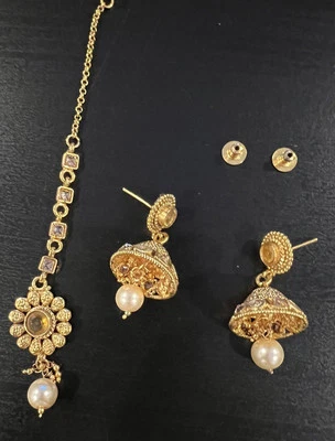 Индийский Болливуд Тикка голова изделие ювелирные изделия/серьги золотистый желтый розовый драгоценный камень - Изображение 1 из 4